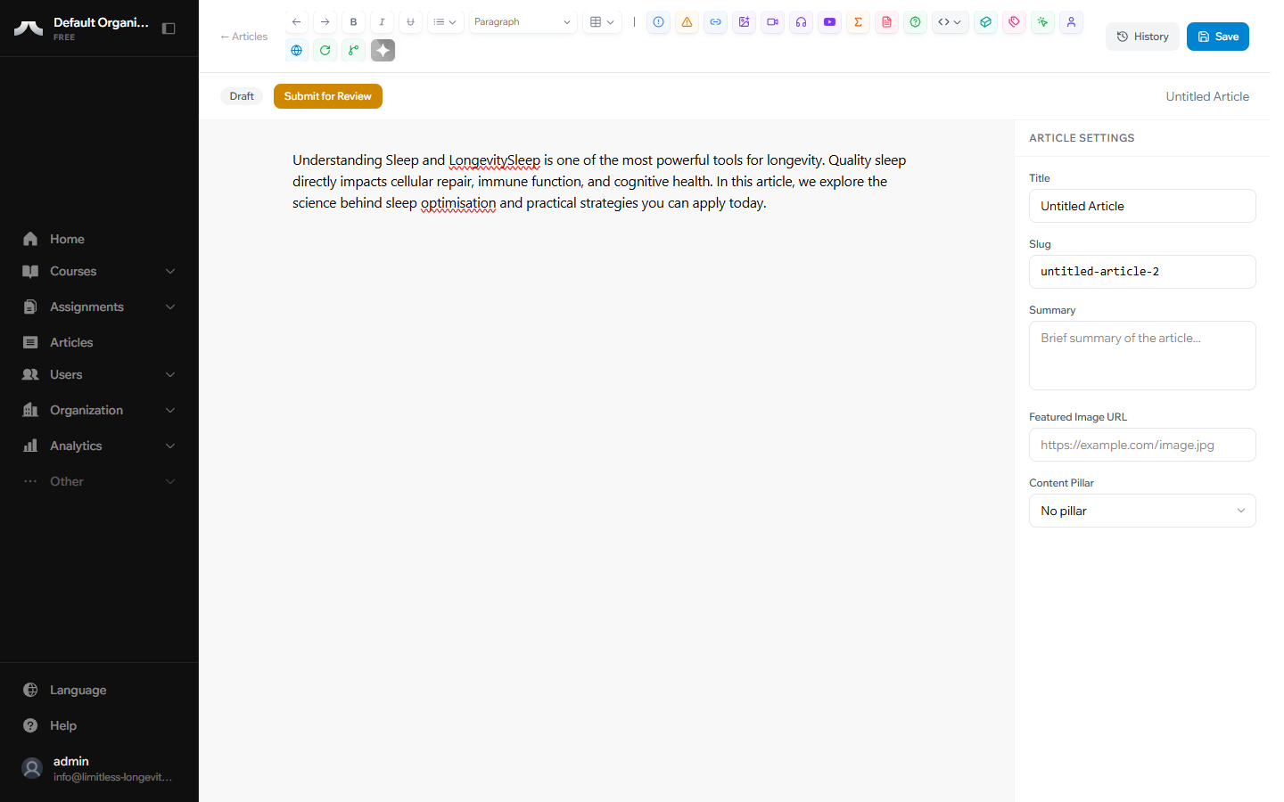 Submit for Review button in the editor